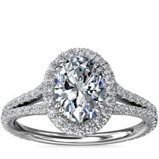 Oval Split-Shank Diamond Halo Engagement Ring in Platinum